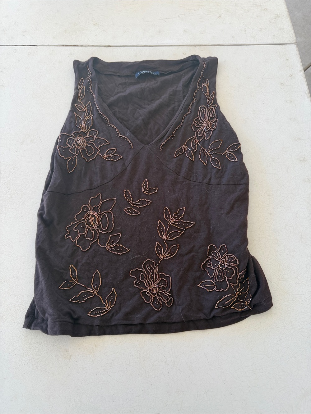 Jones New York Black V-Neck Beaded Floral Tank